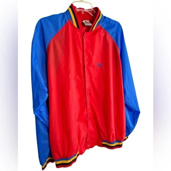 Vintage Puma Mens Large Wind Breaker Track Jacket Snap Button Red Blue Black - Picture 2 of 15